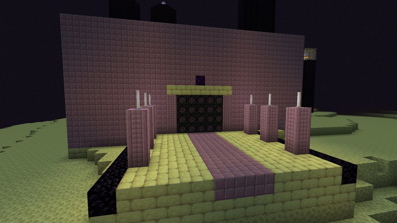 The Observatory's front: an end stone brick terrace with a purpur path between purpur pillars topped with end rods, leading to a dark Rune Seal door under a crying obsidian crown