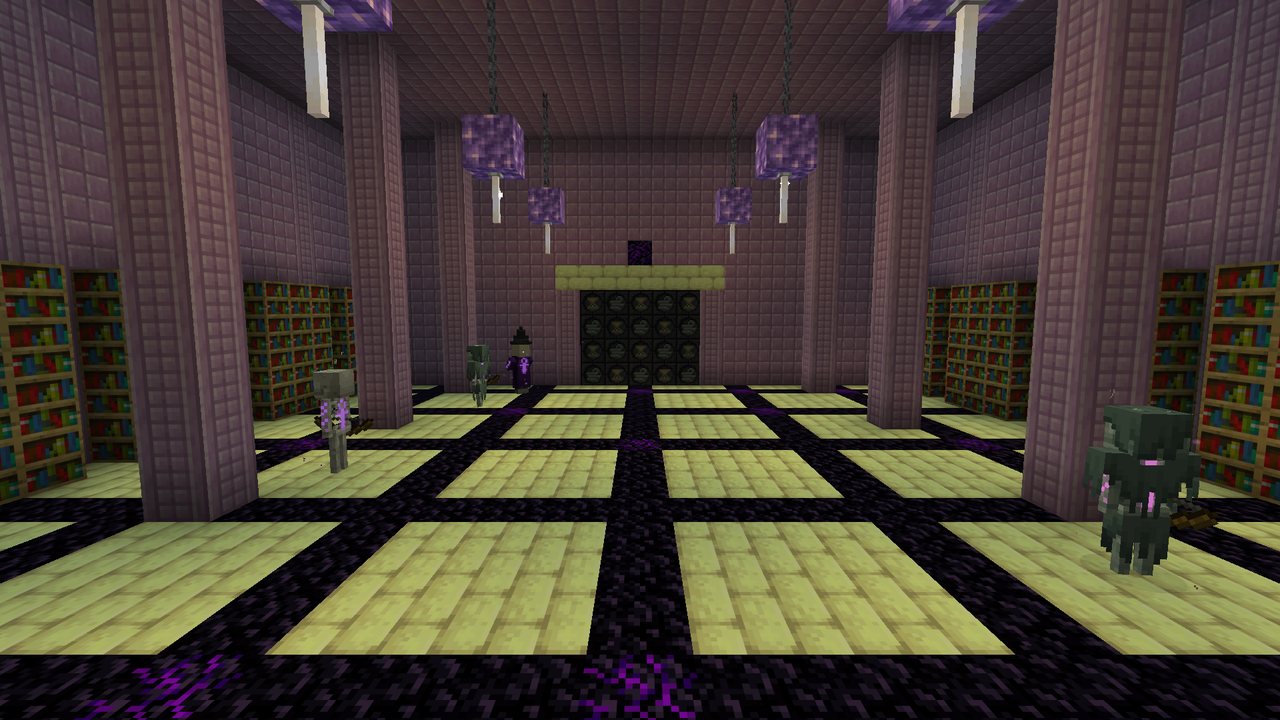 The Gallery of Orreries: amethyst blocks hanging on chains with end rods beneath them, bookshelves between purpur pillars, an obsidian grid floor, and Runebound strays and a witch before the Time and Wind door