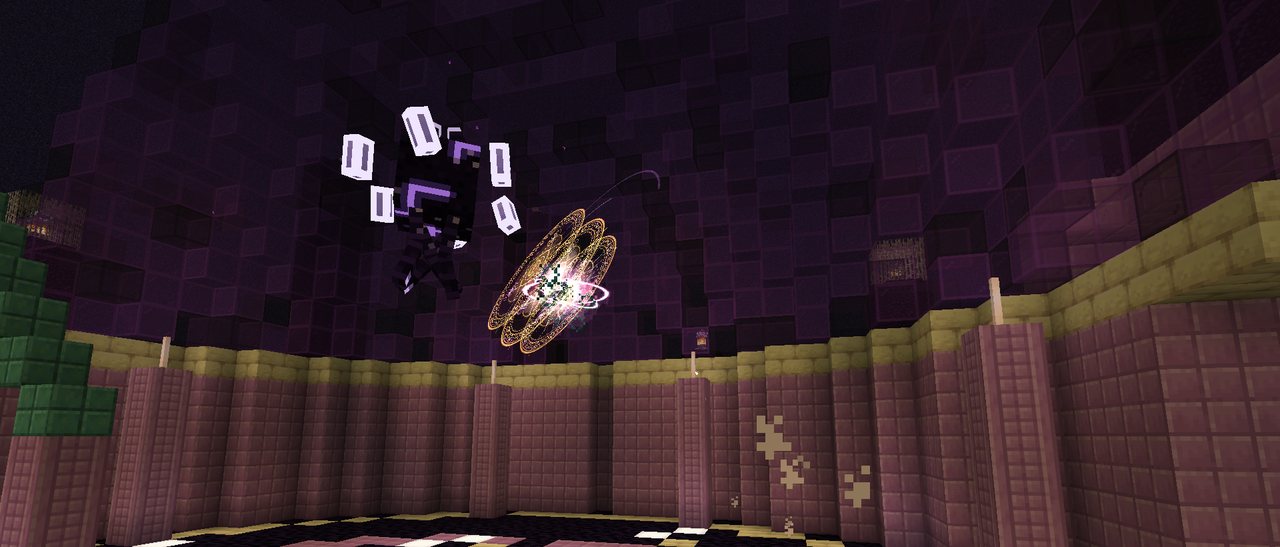 The Star-Eater, a floating knot of void ringed with glowing star shards, high under a dome of purple glass, its golden shield circles turning a spell back