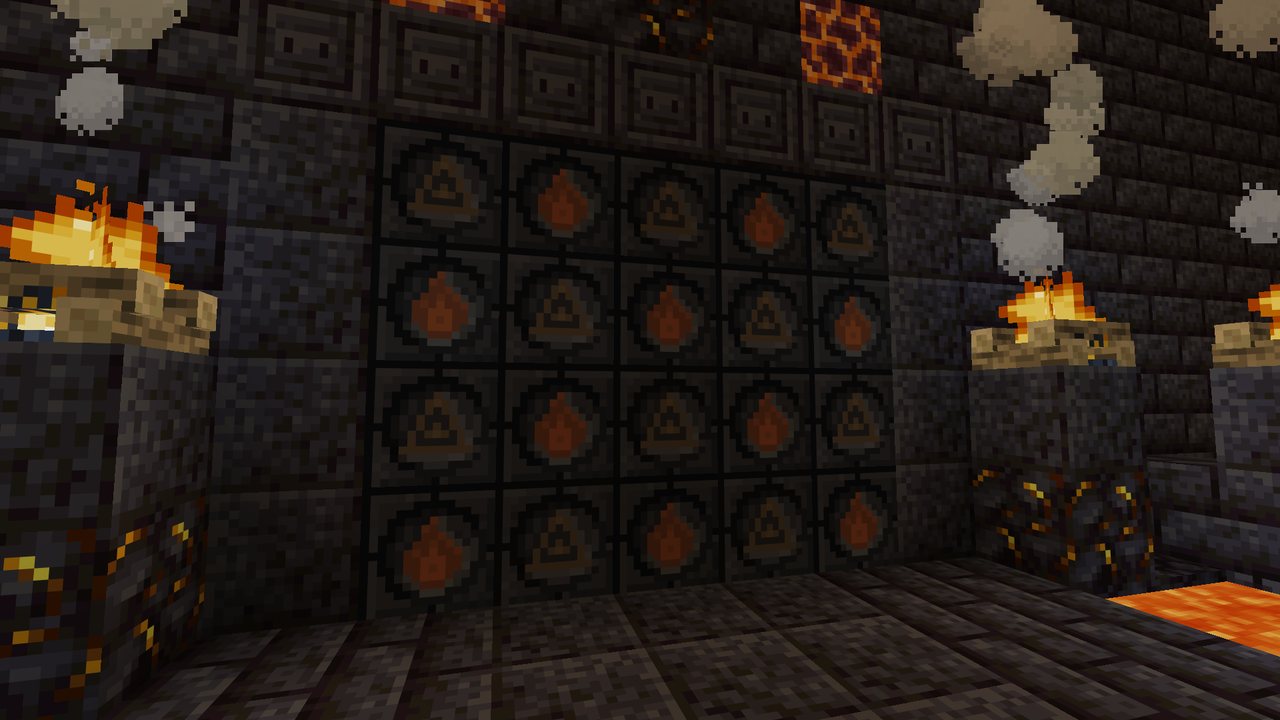 A Rune Seal door checkered with fire flames and earth glyphs, framed in polished blackstone with magma blocks above it, braziers burning either side