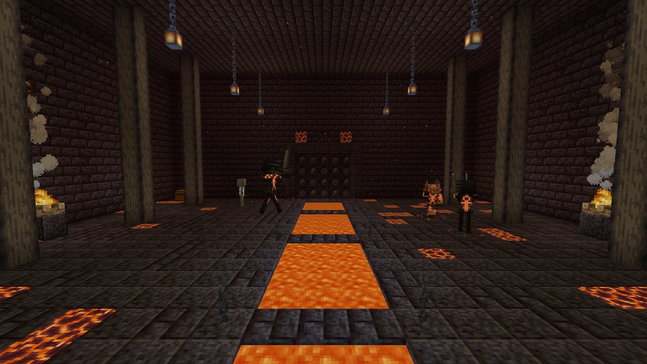 The Hall of Chains: a lava channel down the middle crossed by bridges, Runebound wither skeletons and a piglin brute with glowing marks, the Void and Storm door at the far end