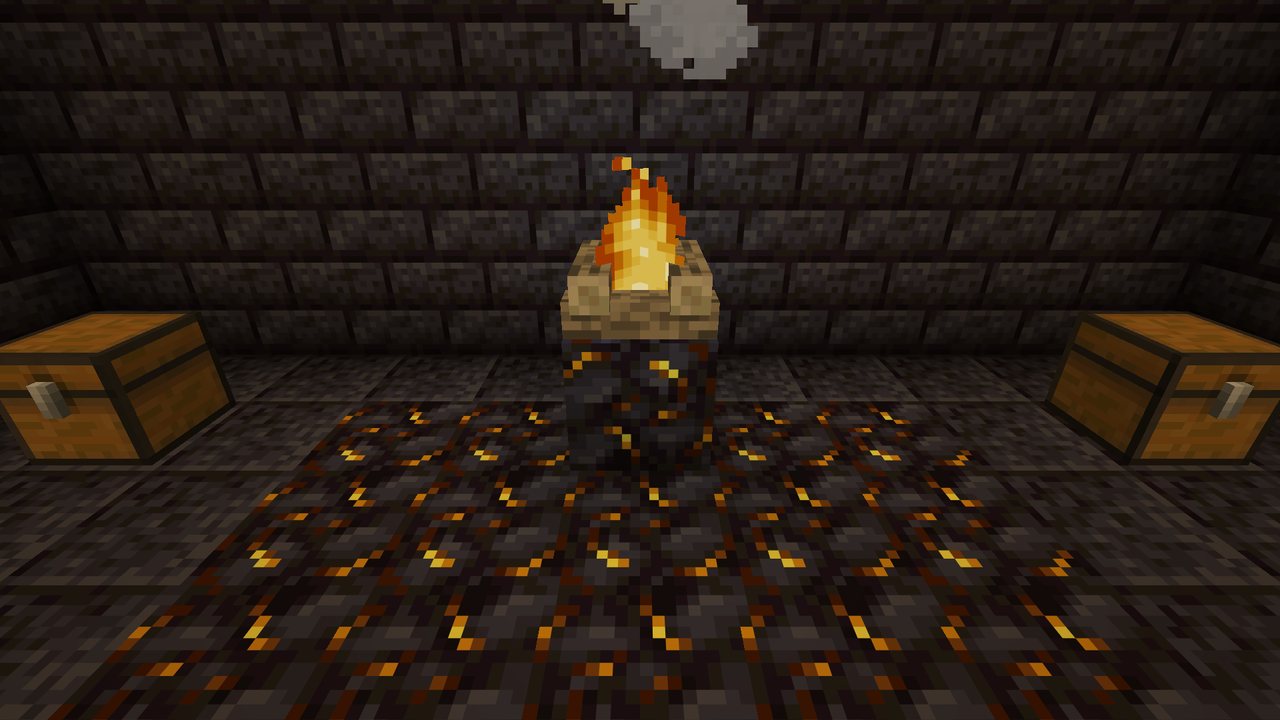 The Ember Sanctum's vault: two chests either side of a brazier burning on gilded blackstone