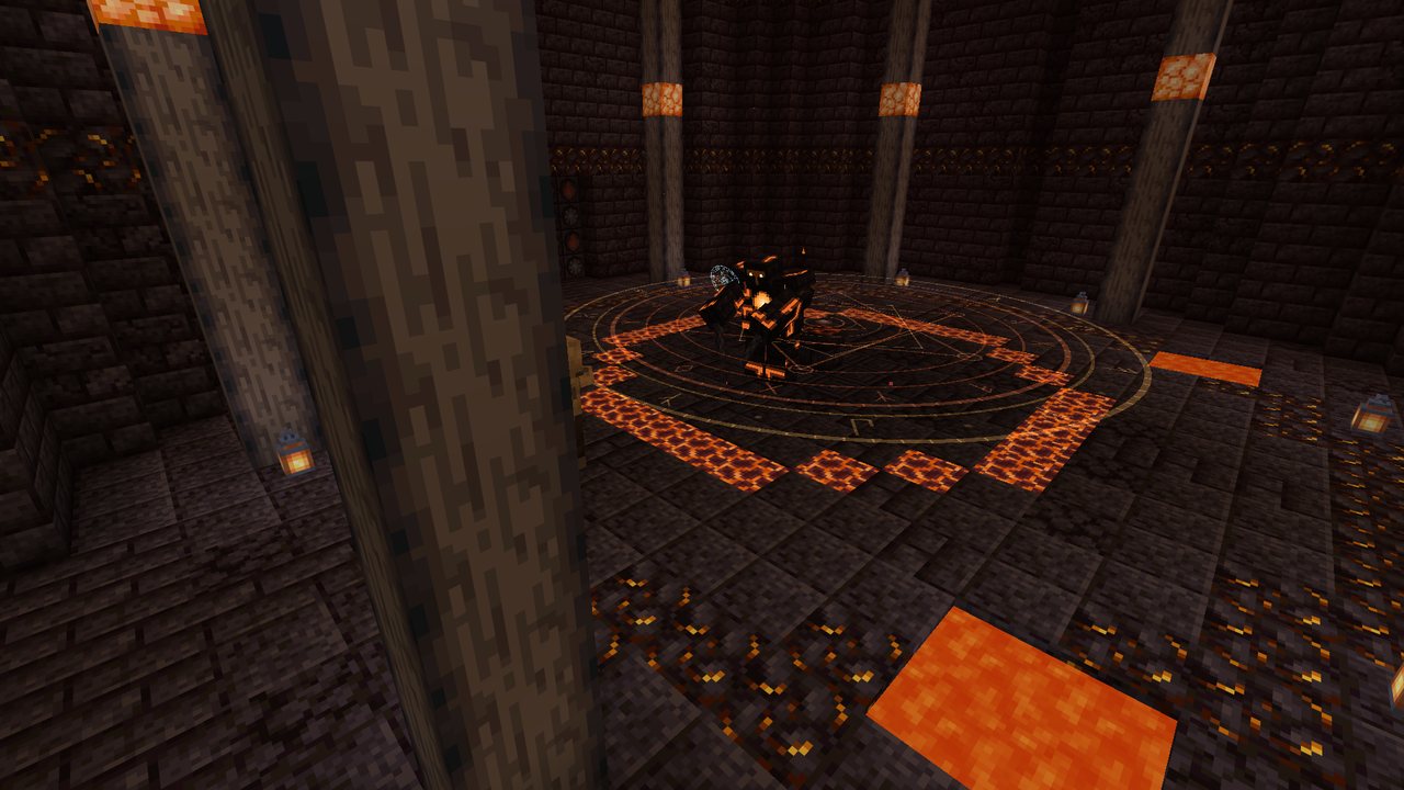 The Cinder Warden standing on the glowing forge-circle in the middle of its domed arena, a spell circle in its hand, lava pools near the walls