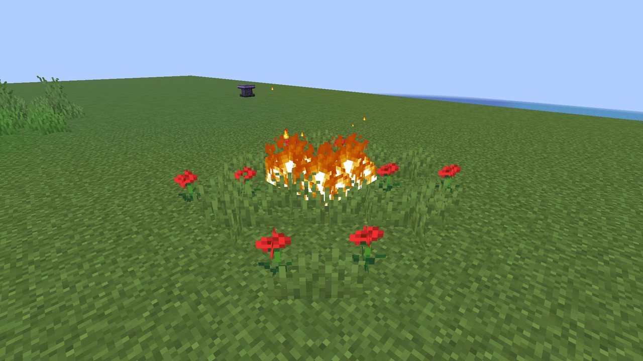 Tall grass burning where a fire spell landed