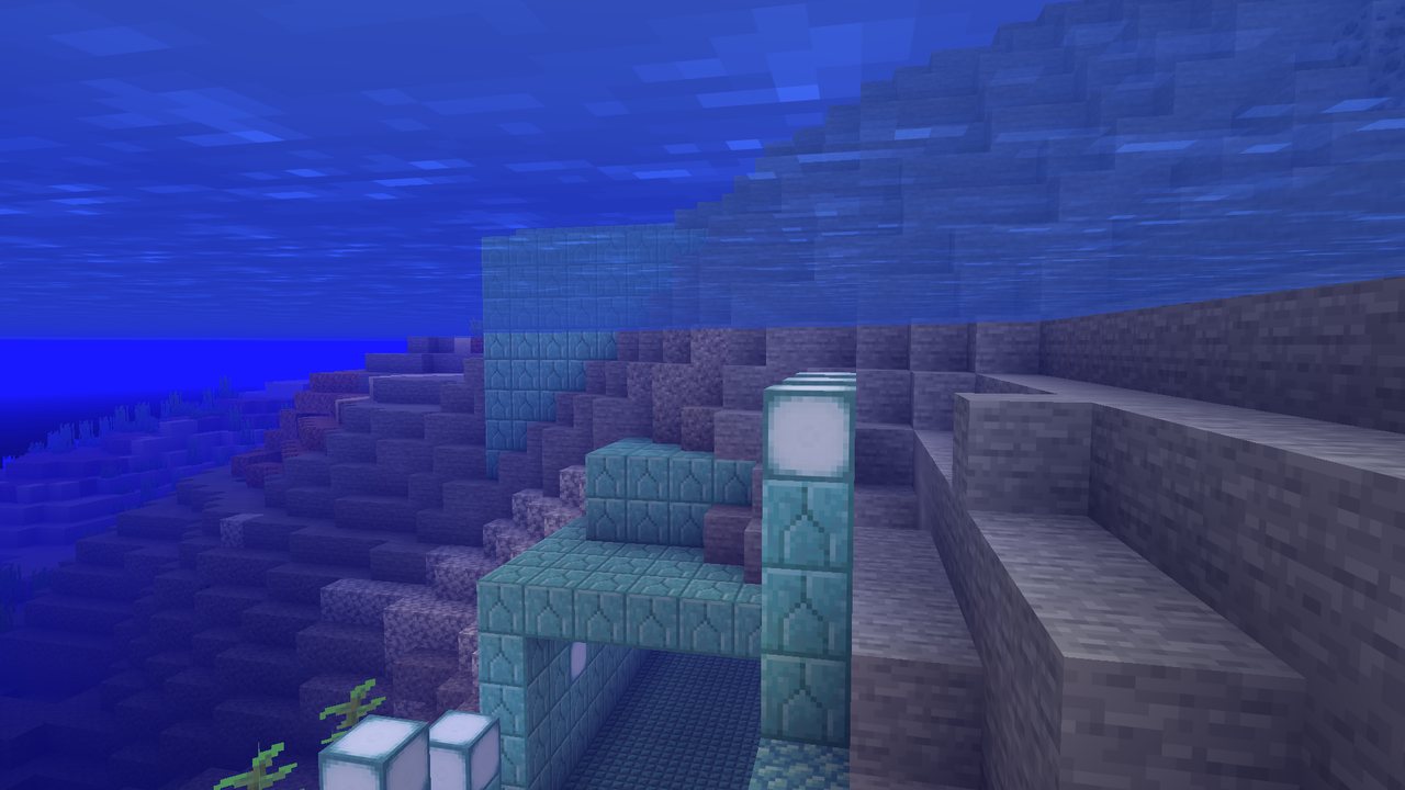 Under the sea: prismarine walls and a sea-lantern pillar beside the dark mouth of the Scriptorium's flooded tunnel