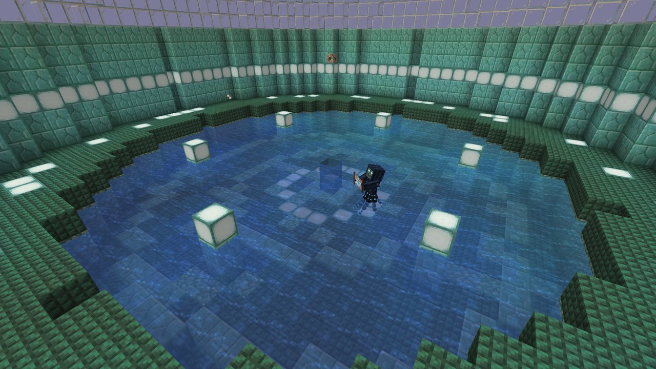 The Tide Scribe, a drowned sorcerer, swimming in its flooded pit under a glass dome, with sea-lantern pedestals standing out of the water
