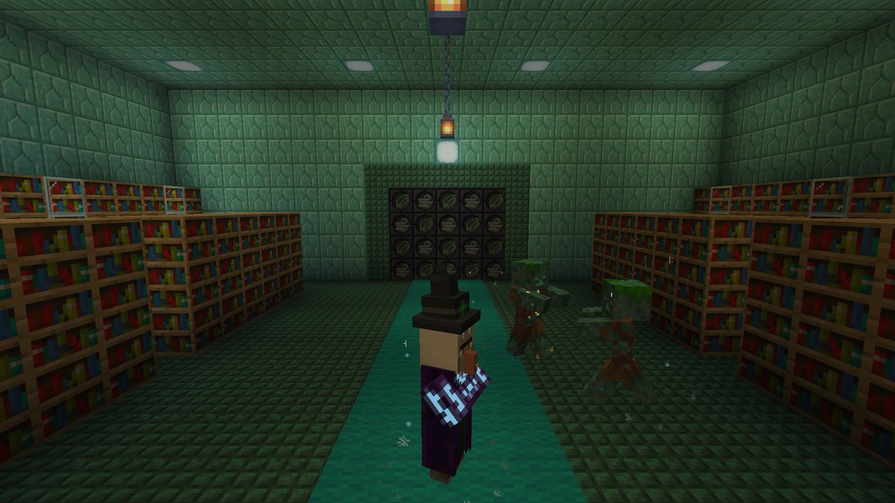 The Hall of Shelves: bookshelves with kelp tanks along prismarine walls, a cyan carpet, a Runebound witch and drowned before the Life and Wind door
