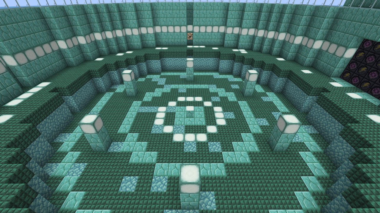 The Scriptorium's arena from the balcony with the tide out: a dry pit with rings of brick and sea lanterns round the core, six pedestals, and a glass dome above