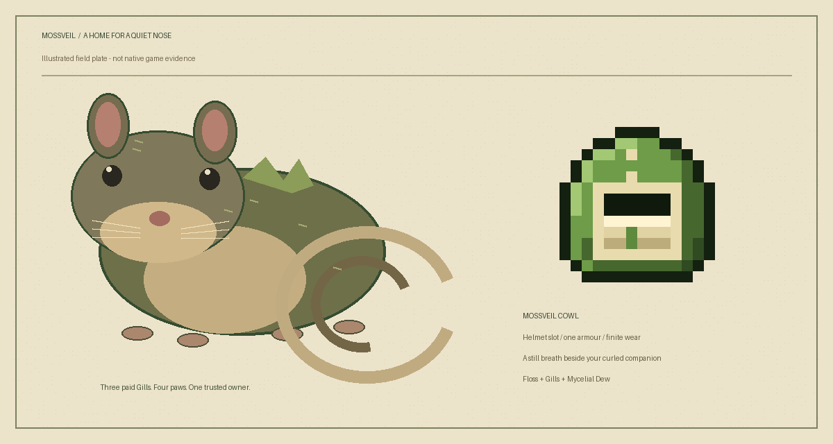 Illustrated Mossveil Dormouse and stitched cowl