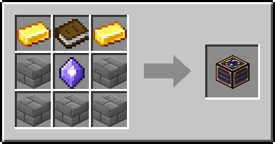 Crafting grid: top row Gold Ingot · Book · Gold Ingot; middle row Stone Bricks · Mana Crystal · Stone Bricks; bottom row Stone Bricks · Stone Bricks · Stone Bricks