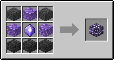 Crafting grid: top row Polished Deepslate · Block of Amethyst · Polished Deepslate; middle row Block of Amethyst · Mana Crystal · Block of Amethyst; bottom row Deepslate Tiles · Deepslate Tiles · Deepslate Tiles